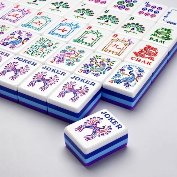 160 Tiles Mahjong Set, Fade Resistant Laser Dyed Resin Tiles with Peacock Motifs, Blue Purple Two-Tone Back, Luxury Game Set for Family Party, Halloween & Christmas Gift