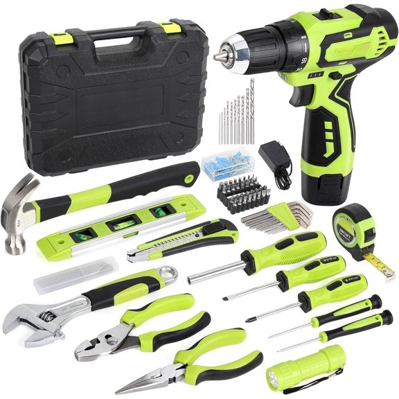 160- Tool kit with Drill, 12V Cordless Lithium- Drill Driver and Household Repairing Tool Set with Storage Case, For DIY, Maintenance, Green