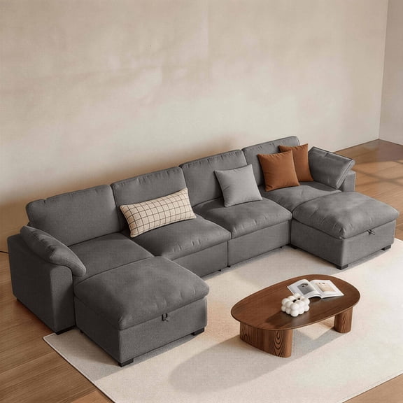 160" U Shaped Couch with Storage Ottoman, Down-Filled Wide Deep Seat, Solid Wood Frame, Tool Free