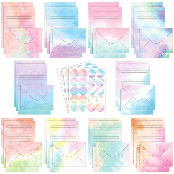 160 packs Stationery Paper Set (50 Double Sided Stationery Writing Papers 50 Matching Envelopes) 60 Round Dot Sticker, 10 Design(Watercolor,5.5 x 8.25 Inch)