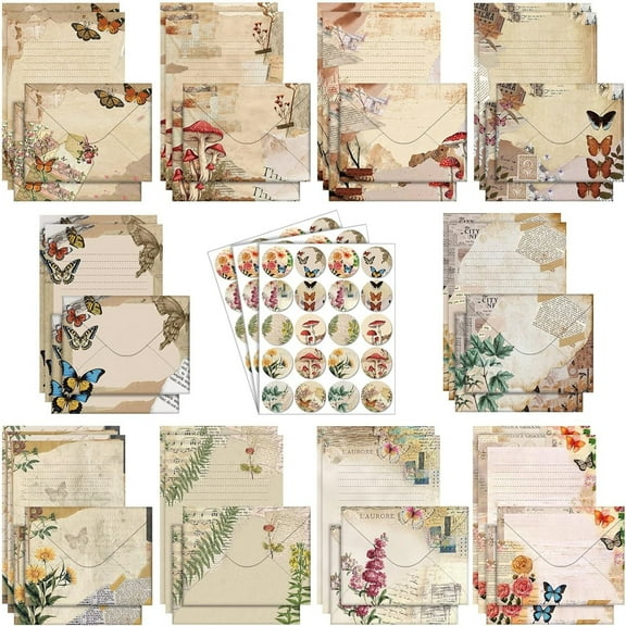 160 pcs Stationery Paper Set 50 Double Sided Stationery Papers with 50 Matching Envelopes and 60 Round Dot Sticker, 10 Design Nature Vintage Style,5.5 x 8.25 inch