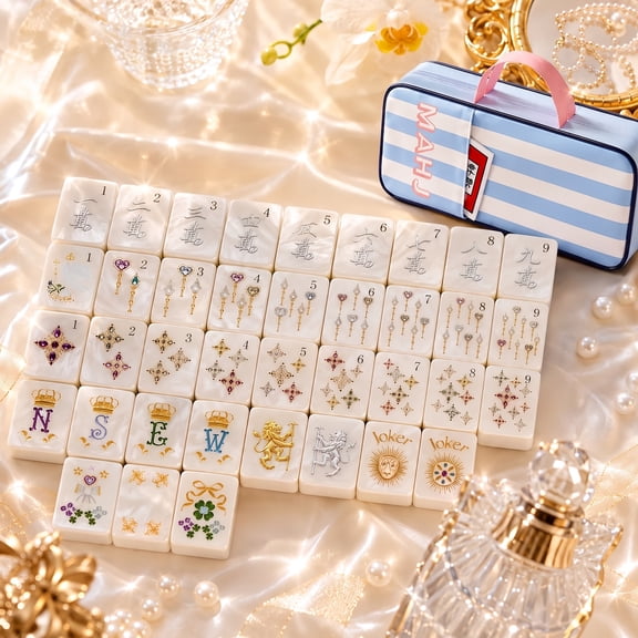 160-piece pearl shell mahjong set, including tiles, American game mahjong , a portable travel storage bag, suitable for adults, family gatherings, party nights as a gift