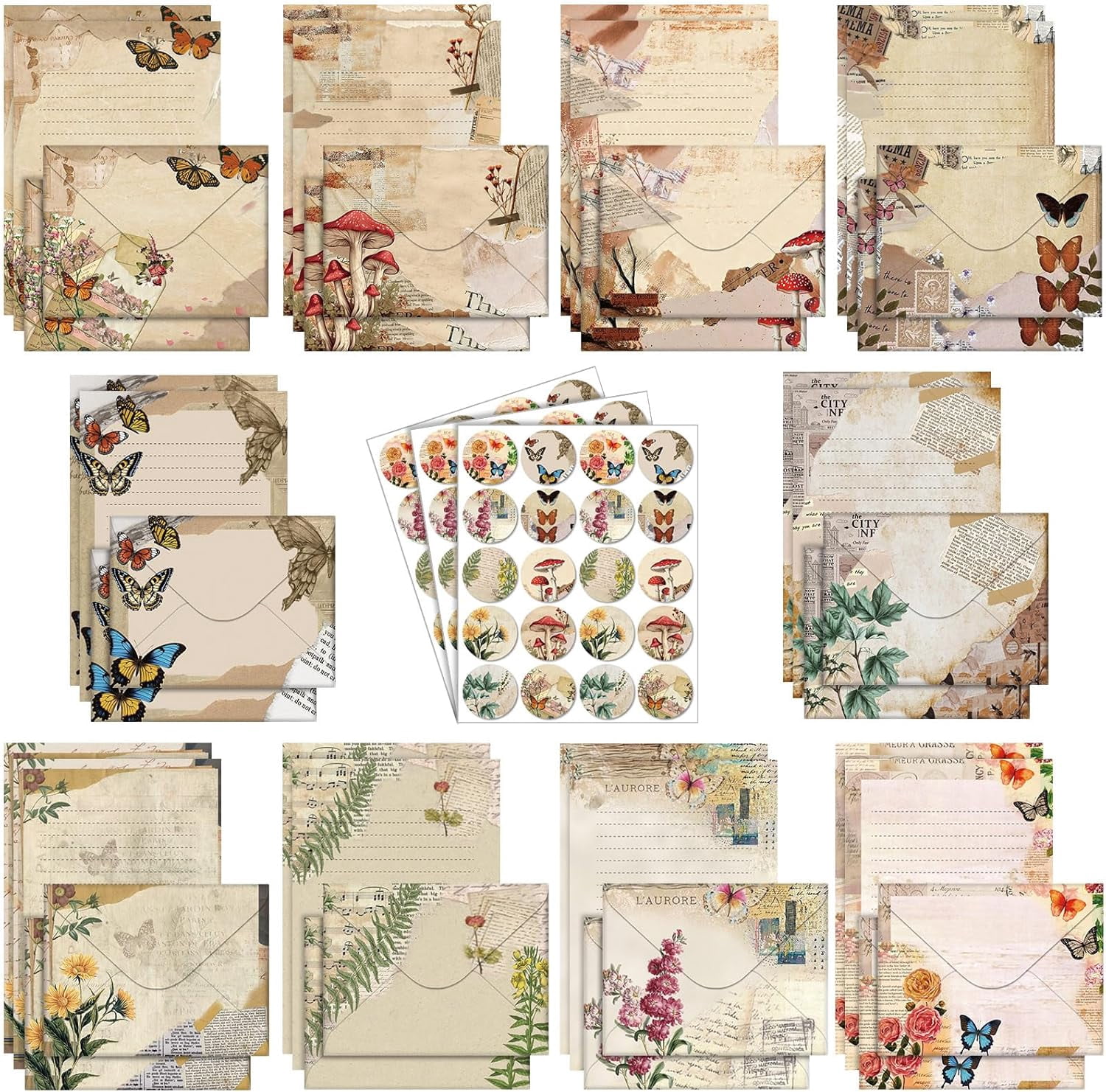 160-piece stationery paper set, 50 double-sided stationery papers with 50 matching envelopes and 60 dot stickers, 10 designs (natural vintage style, 5.5 x 8.25 inches)