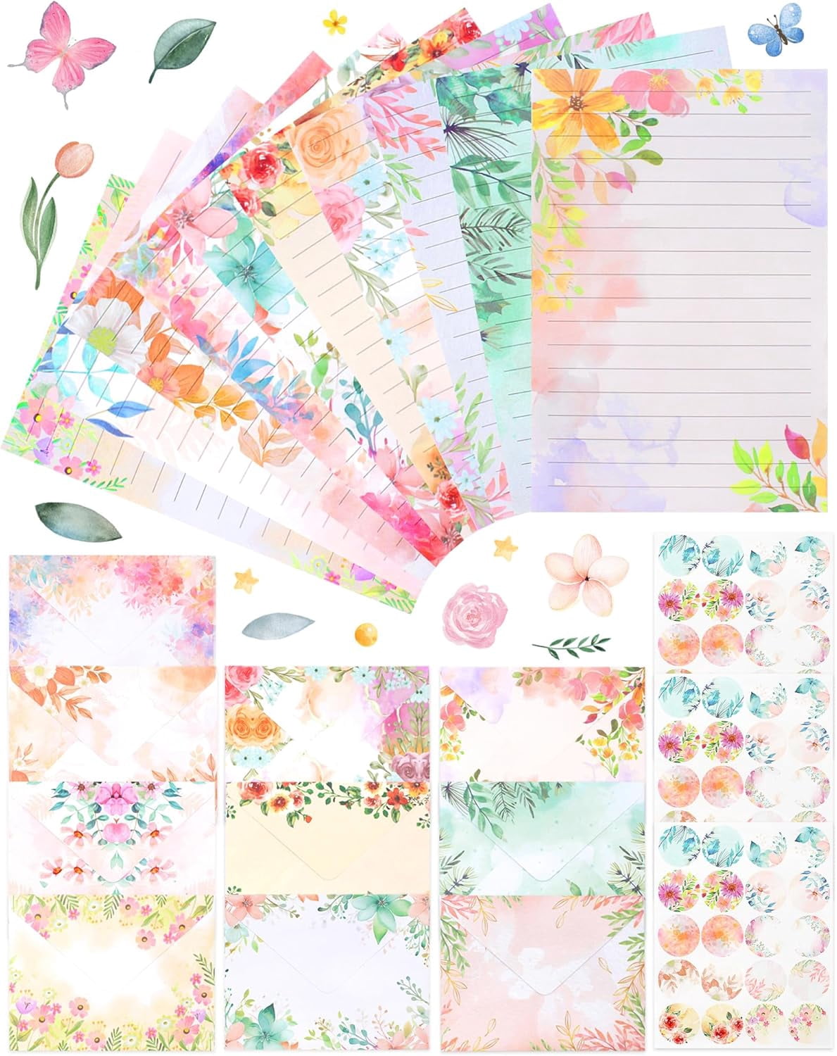 160-sheet stationery set including 50 matching envelopes, 50 single-sided writing sheets, 60 polka dot stickers, suitable for school office supplies, 10 designs, size 5.5 x 8.25 inches (flower)