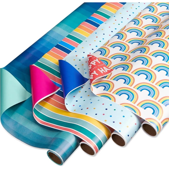 160 sq. ft. Reversible Wrapping Paper Set for Birthdays and All Occasions, Rainbow, Polka Dots, Stripes and Ombre (4 Rolls, 30 in. x 16 ft. each)