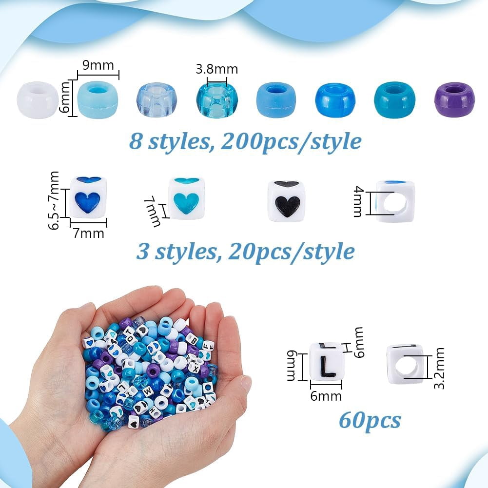 1600 Pcs Blue Pony Beads with 60 Pcs Cube Heart Beads 60 Pcs Alphabet Cube Beads KitsKandi Blue Bead for Bracelets Necklace Earrings Hair Braids Jewelry Making DIY Crafts (12 Styles)