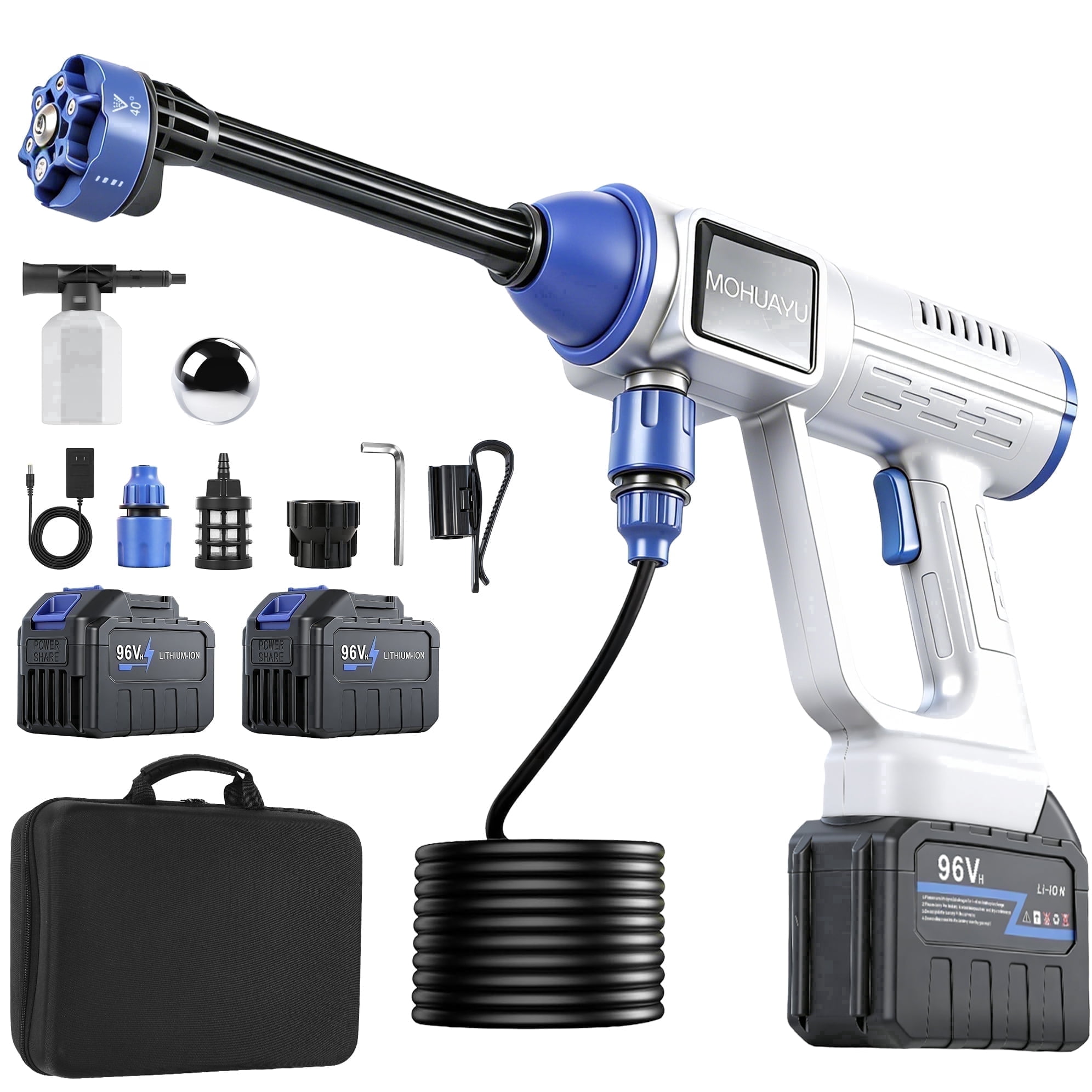 MQHUAYU 1500PSI Cordless Pressure Washer, 200W 4.0GPM Portable Power Washer with 6-in-1 Adjustable Nozzle, 2×96V Battery Power Cleaner with 32.8ft Hose for Cars/Patios