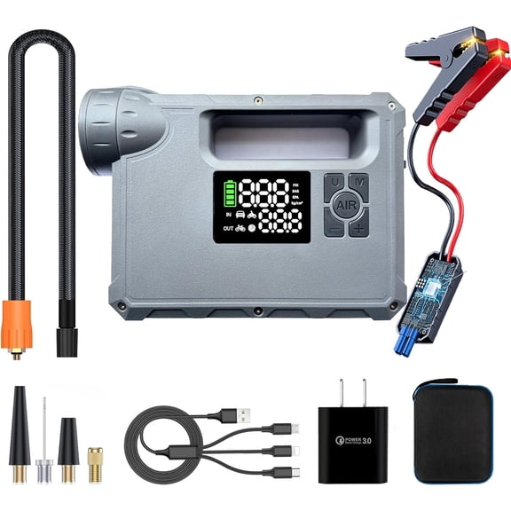 16000mAh & 2000A Jump Starter with Air Compressor, 2000 Lumen Camping Light & Flashlight, 150PSI & 2X Rapid Inflation Tire Inflator Portable Air Compressor Suitable for , , , Ball