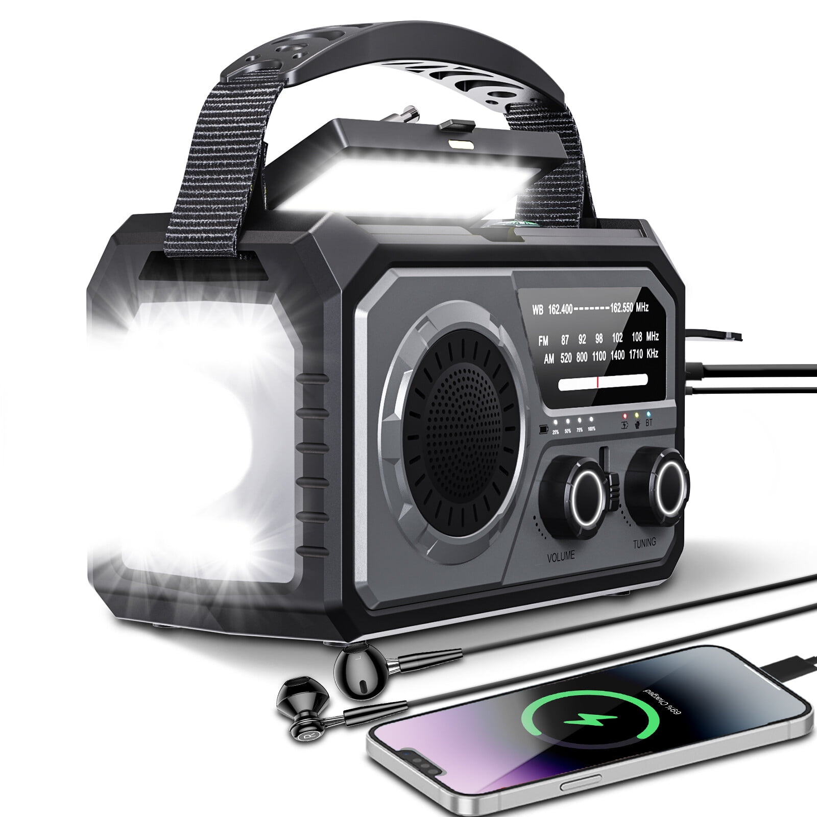 16000mAh/59200mWh Emergency Radio with Bluetooth 5.3-Hand Crank Weather Radio with Battery Powered and Fast Charging, NOAA/AM/FM Portable Solar Radio with SOS Alert Flashlight, Outdoor Survival Gear