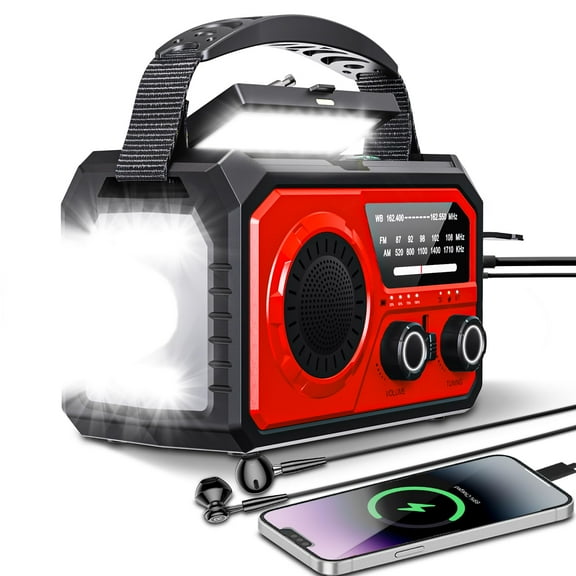 16000mAh/59200mWh Emergency Radio with Bluetooth 5.3-Hand Crank Weather Radio with Battery Powered and Fast Charging, NOAA/AM/FM Portable Solar Radio with SOS Alert Flashlight, Outdoor Survival Gear