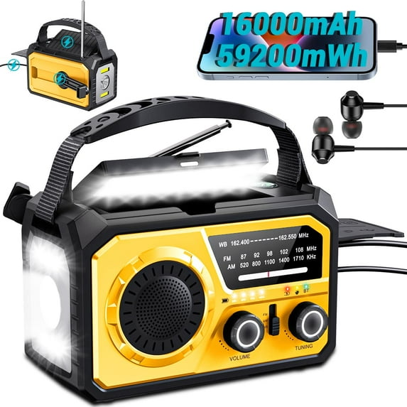 16000mAh/59200mWh Emergency Radio with Bluetooth 5.3-Hand Crank Weather Radio with Battery Powered and Fast Charging, NOAA/AM/FM Portable Solar Radio with SOS Alert Flashlight, Outdoor Survival Gear