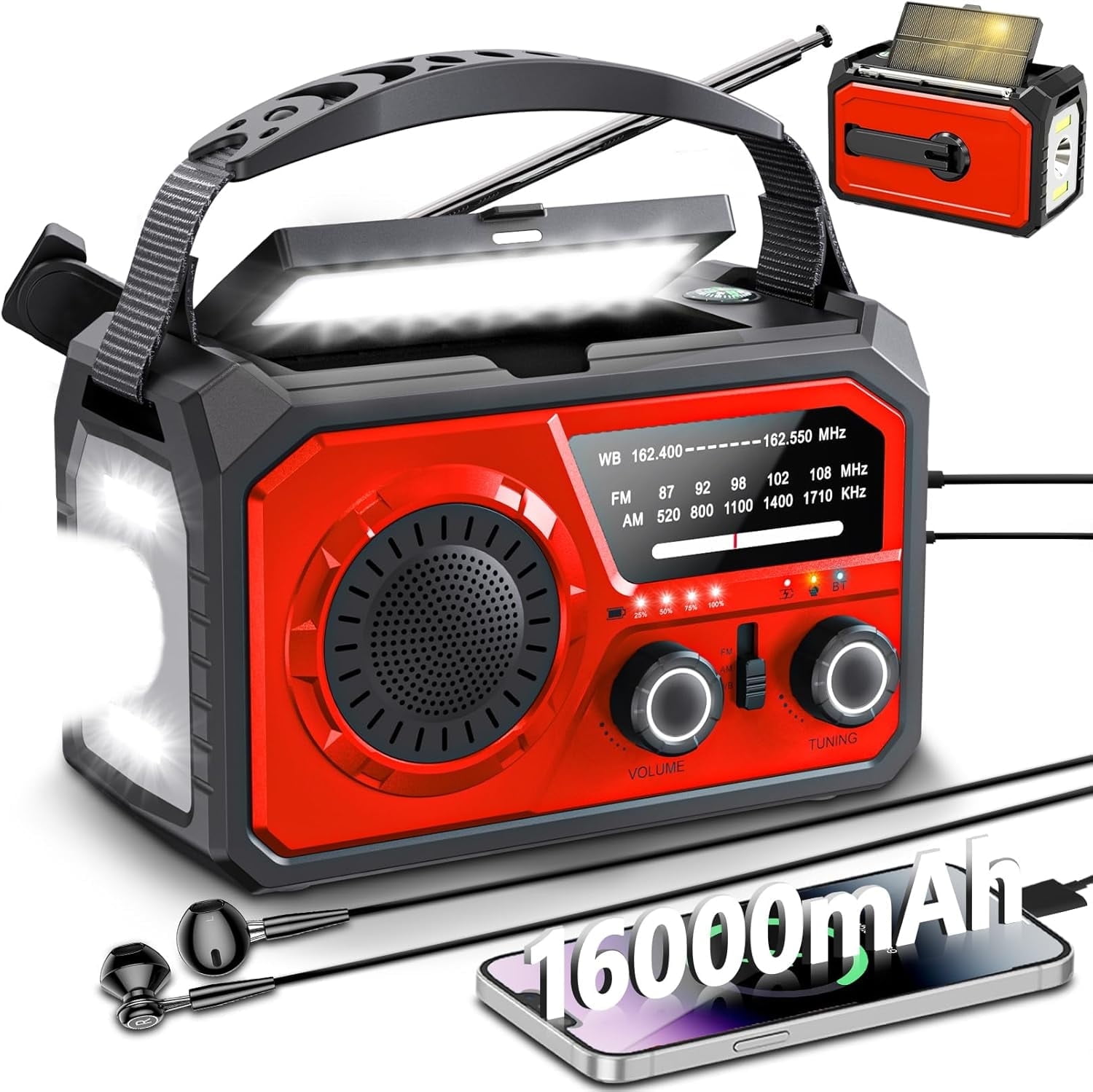 16000mAh Weather Radio, DOMNIU AM/FM/NOAA Weather Alert Radio, Hand Crank/Solar/Type-C Charging Radios, Emergency Radio with Reading Lamp, SOS Alarm, Flashlight, Power Bank (Red)