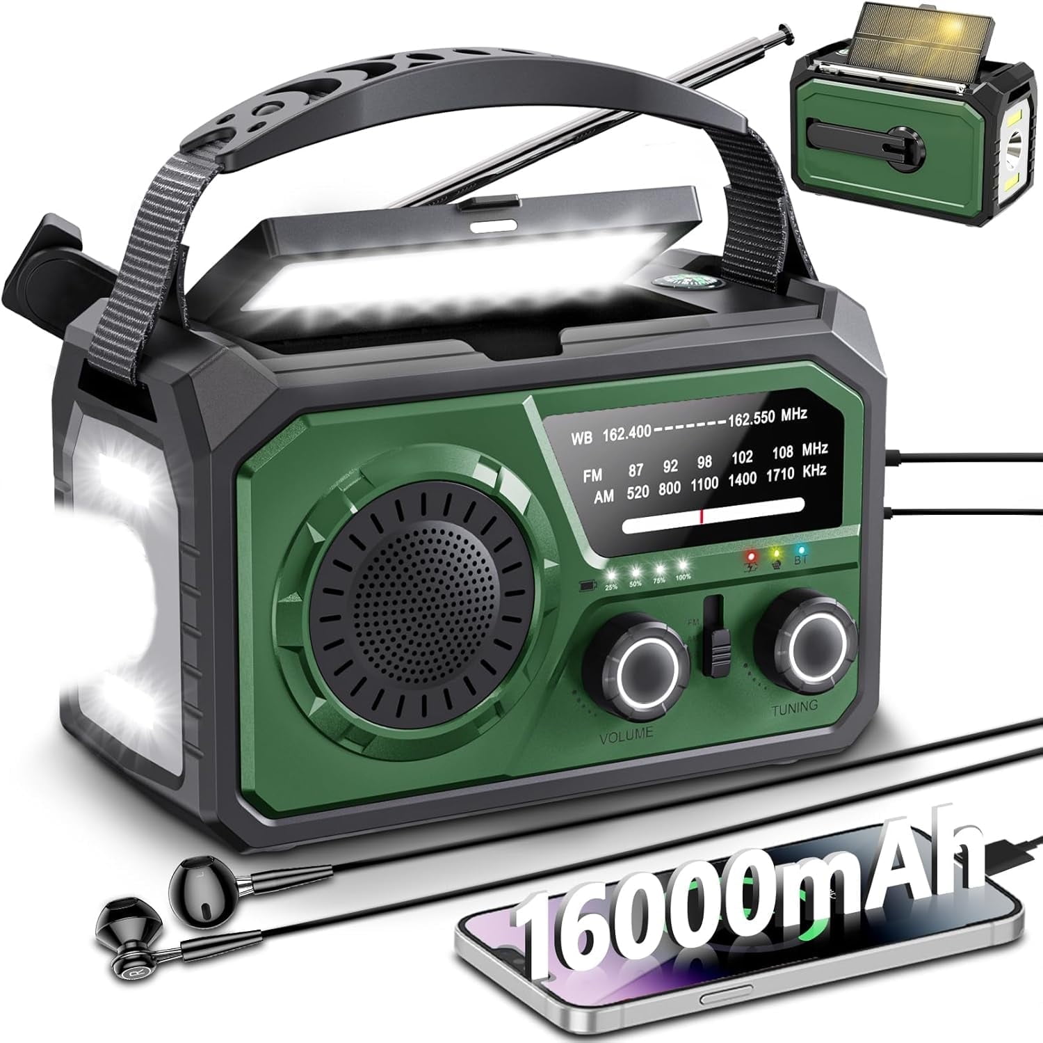 16000mAh Weather Radio, DOMNIU AM/FM/NOAA Weather Alert Radio, Hand Crank/Solar Emergency Radio, Type-C Charging Radios with Reading Lamp, SOS Alarm, Flashlight, Power Bank(Army Green)