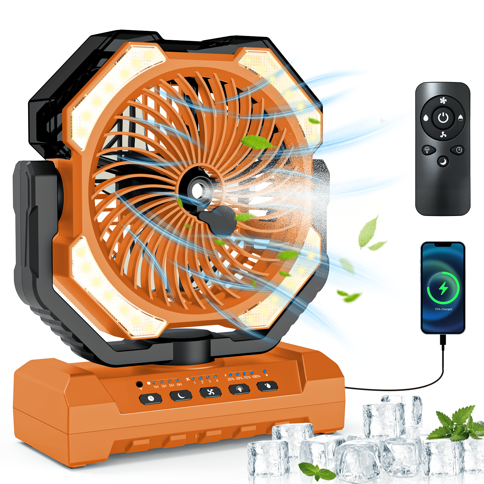 16000mAh Rechargeable Camping Misting Fan, 250ml Water Tank Portable Battery Powered Fan, Standing/Hanging With Hook, 4 Speed, Remote Control, Timer, 4 LED Brightness, Orange