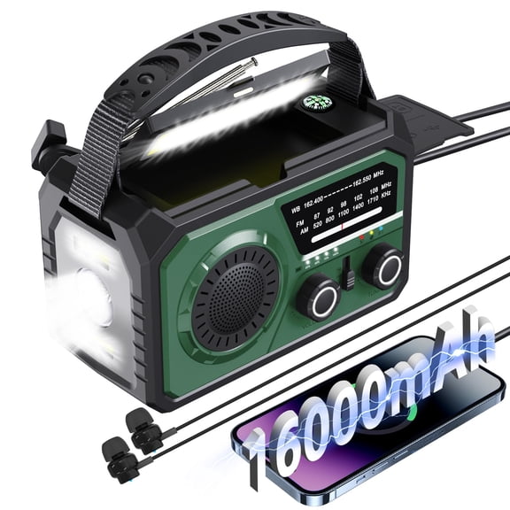 16000mah Emergency Weather Radio Am/fm/noaa Alert Hand Crank/solar/type-c Fast Rechargeable Outdoor With Reading Lamp/sos Alarm/3 Mode Flashlight/power Bank(green)