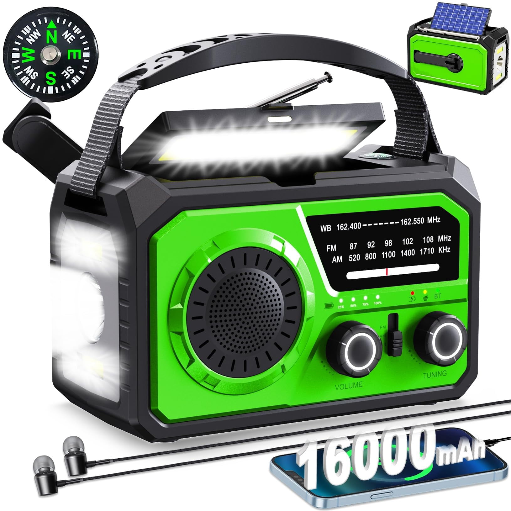 16000mah Hand Crank Emergency Weather Radio With Wireless  59200mwh Noaa Am Fm Solar Flashlight Cell Phone Reading Lamp Compass Sos For Camping And (green)