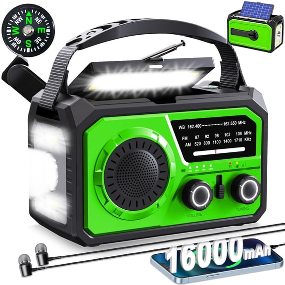 16000mah Hand Crank Emergency Weather Radio With Wireless 59200mwh Noaa Am Fm Solar Flashlight Cell Phone Reading Lamp Compass Sos For Camping And (green)