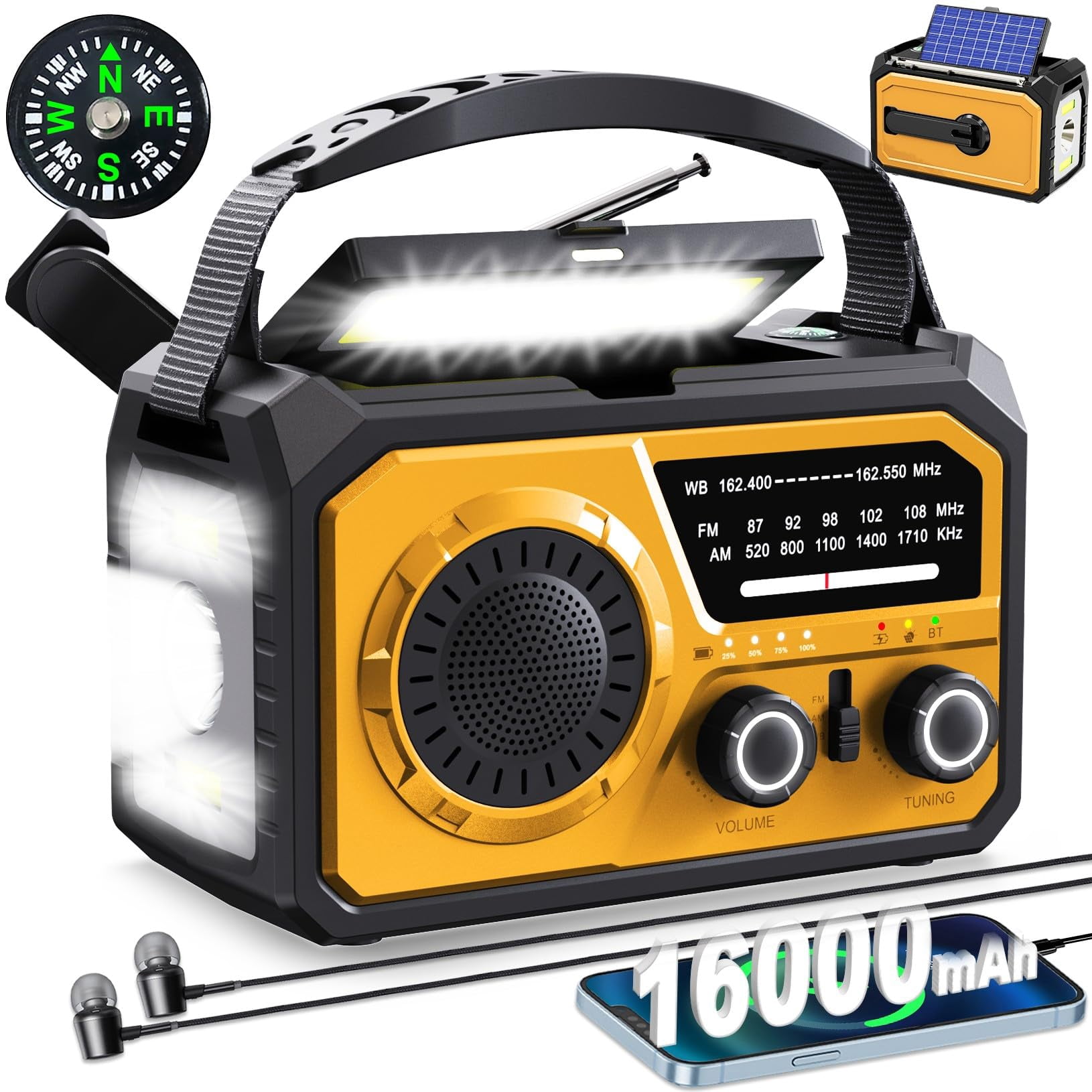 16000mah Hand Crank Emergency Weather Radio With Wireless  59200mwh Noaa Am Fm Solar Flashlight Cell Phone Reading Lamp Compass Sos For Camping And (orange)