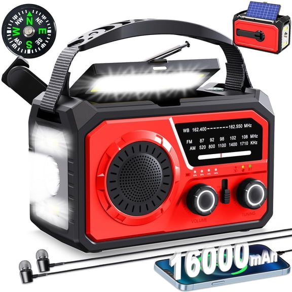 16000mah Hand Crank Emergency Weather Radio With Wireless  59200mwh Noaa Am Fm Solar Flashlight Cell Phone Reading Lamp Compass Sos For Camping And (red)