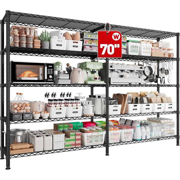 1600LBS Heavy Duty Metal Shelving Unit, 5-Tier Adjustable Wire Storage Shelves, L-Shaped Convertible Steel Utility Rack for Kitchen Garage Pantry, Widen 70" W x 15.8" D x 72.4" H