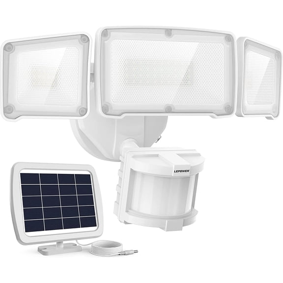 1600LM LED Solar Security Lights Motion Outdoor, Motion Sensor Light, 5500K White Light, IP65 Waterproof Outdoor Flood Solar Light with 3 Adjustable Head for Yard, Garage（White）