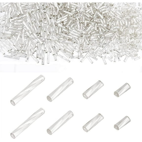 1600Pcs 4 Sizes Glass Bugle Beads Silver Long Tube Seed Bead 5/6/9/12x2mm Loose Spacer Bead with 0.5mm Round Hole for Earring Bracelet Neckalce Jewelry DIY Craft Making Dress Decor DIY