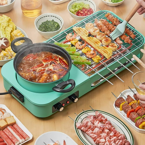 1600W 3-in-1 Electric Hot Pot with Grill  Smokeless Raclette Table Grill  Non-Stick Removable Plates Dual Temperature Control Dishwasher Safe for Kitchen  Barbecue Shabu (Green)