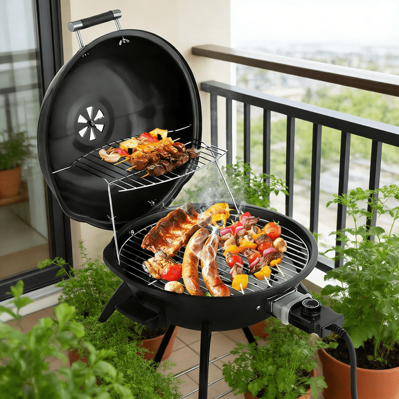 1600W Black Electric Grill Indoor Smokeless BBQ Grill with Warming Rack Portable Countertop Grill for Apartment Balcony Patio Tailgating Camping Double Layer Indoor Outdoor Electric Barbecue