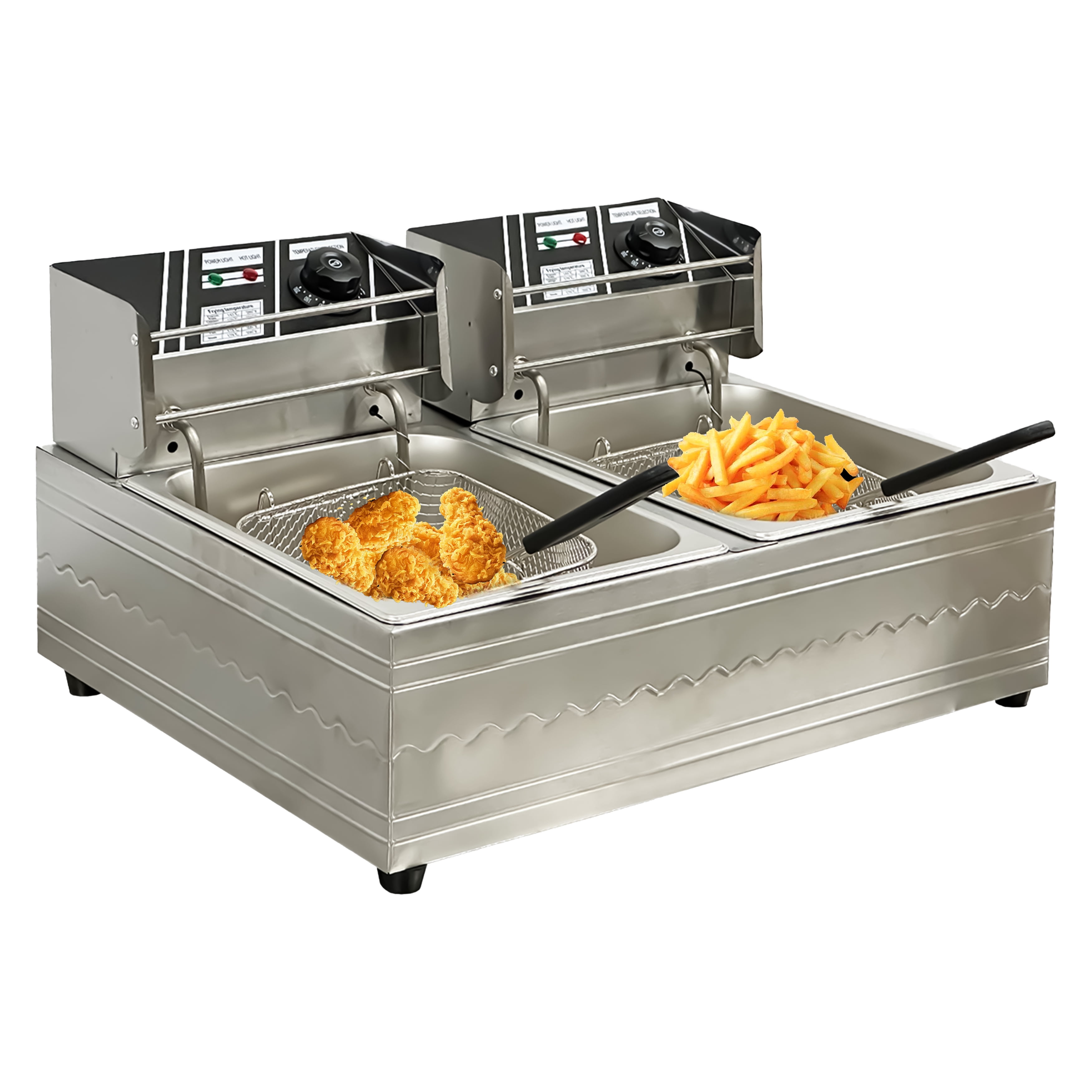 1600W Electric Deep Fryer Countertop Deep Fryer Dual Detachable Tanks 2x6L Stainless Steel Commercial Deep Fryer