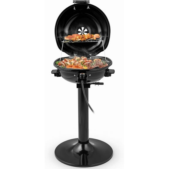 1600W Electric Grill Outdoor, 15-Serving Freestanding Camping Grill with Warming Rack, Removable Oil Drip Tray, Adjustable Temperature Control, Portable BBQ Grill for Patio, Backyard (Black)