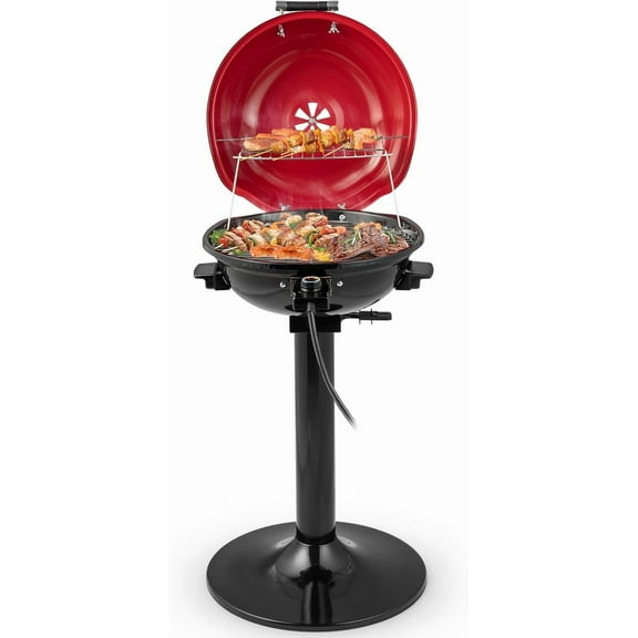 1600W Electric Grill Outdoor, 15-Serving Freestanding Camping Grill with Warming Rack, Removable Oil Drip Tray, Adjustable Temperature Control, Portable BBQ Grill for Patio, Backyard (Red)