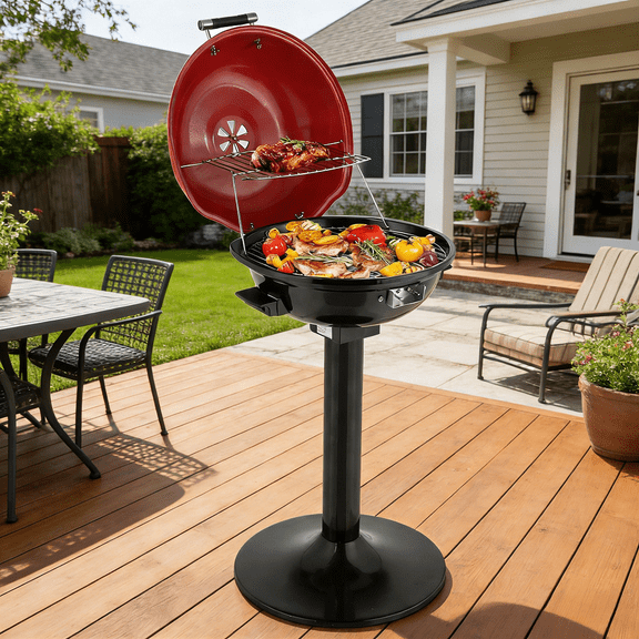 1600W Electric Tabletop BBQ Grill Smokeless Indoor Outdoor Grill with Stand Red Portable Double Layer Electric Barbecue for Apartment Balcony Patio Tailgate Burgers Steaks 20.1L x 16.5W Inches