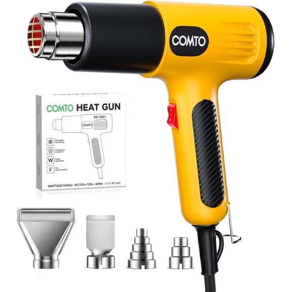 1600W Heat Gun, Hot Air Gun with 2 Temp Settings, 4 Nozzles, Overheat Protection, for Shrink Tubing, Wrap, Crafting, Resin, and DIY Projects - Yellow