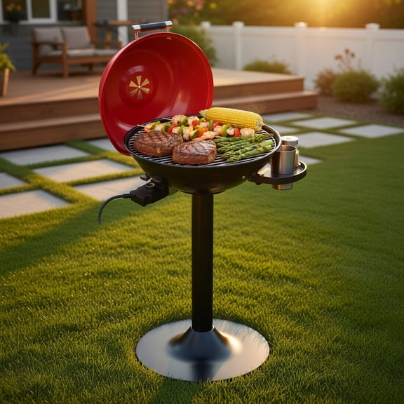 1600W Portable Electric BBQ Grill Removable Non-Stick Rack, 200F425F Adjustable Temp Black & Red Indoor/Outdoor Grill