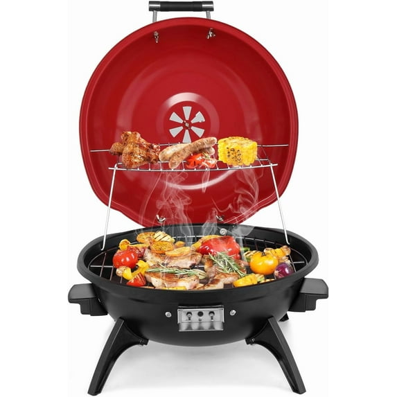 1600W Red Tabletop Electric Grill with Temperature Control, 304 Stainless Steel Grill w/Double Layer Design, Portable & Removable, Small Stove for Indoor and Outdoor Use