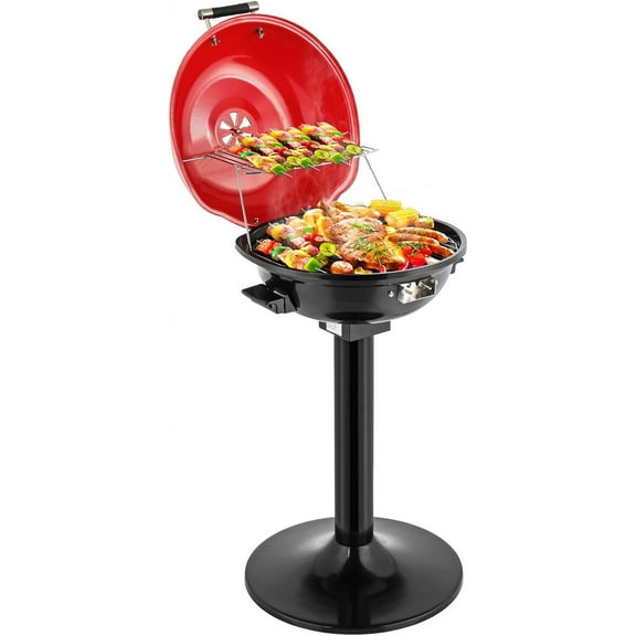 1600W Red Vertical Electric Grill with Lid, 304 Stainless Steel Grill w/Detachable Pull-out Drip Tray, Double Layer Design, Portable & Removable, for Indoor and Outdoor Use