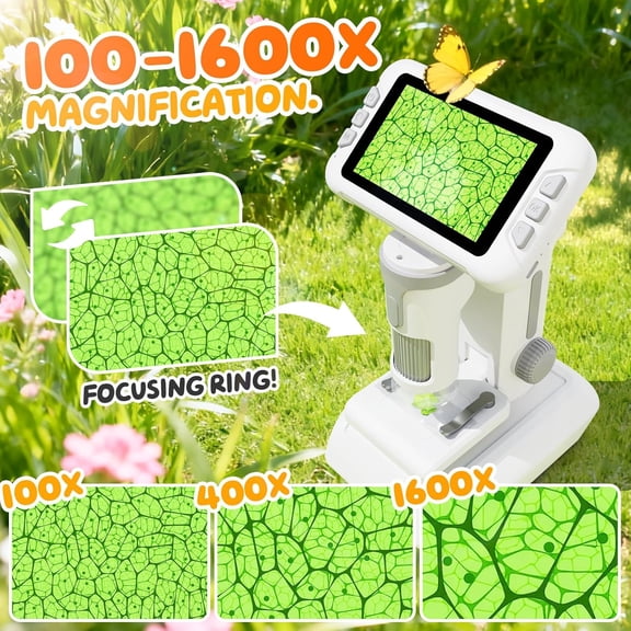 1600X Microscope for Kids, 4K 4.0" Digital Screen Kids Microscopes with Slides Kit, Educational Science Toys for Christmas Birthday Gifts for 3-14 Year Old Children Students