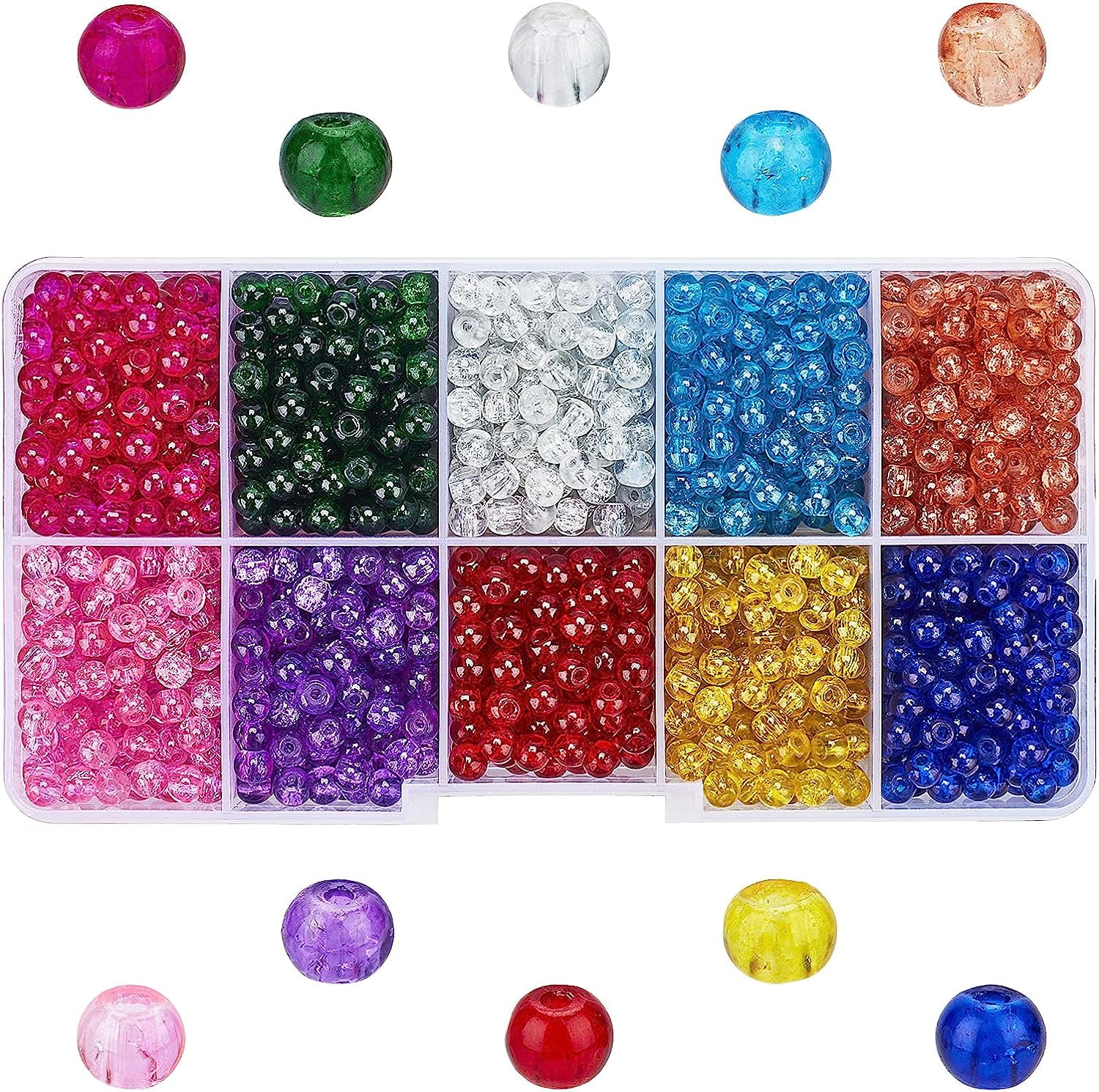 100pcs 10 Color Crackle Glass Beads 10mm Handcrafted Lampwork Round Crystal  Beads Bulk For Summer Beading Friendship Bracelet Mother's Day Jewelry Mak