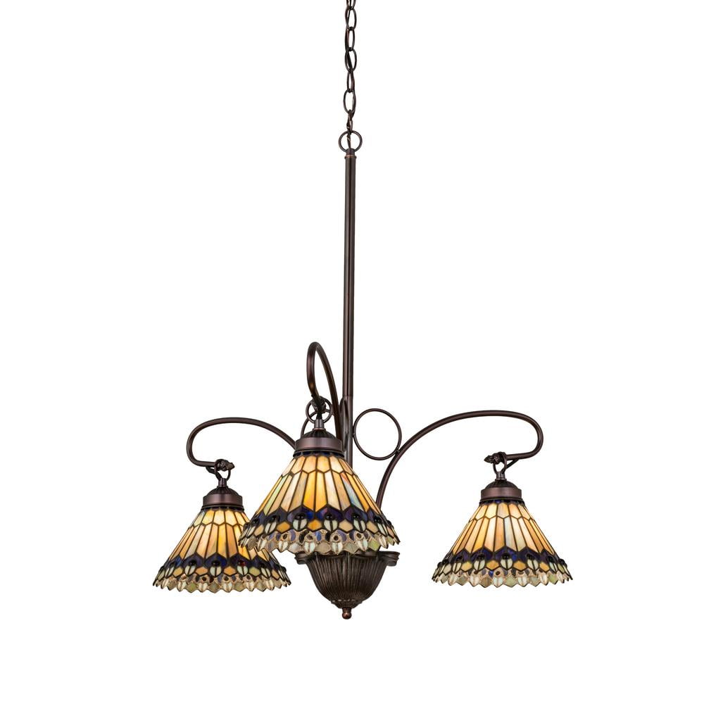 Meyda 24" Bronze Tiffany Jeweled Peacock 3-Light Chandelier