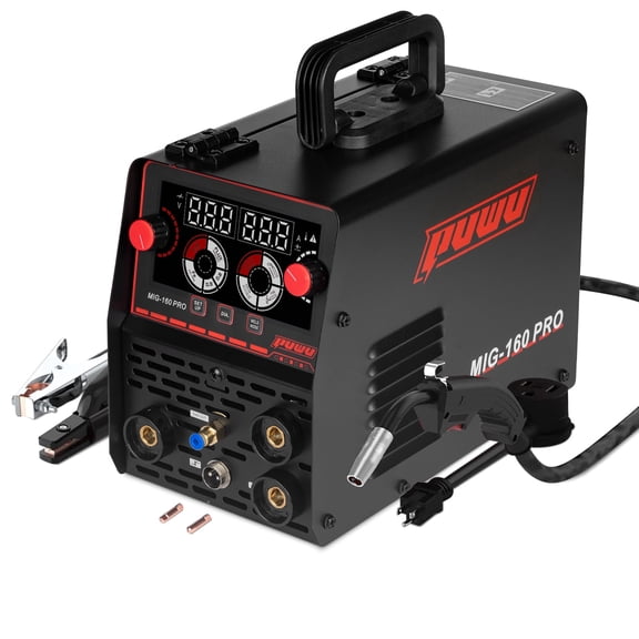 PUWU 160Amp Multiprocess MIG Welder, Gasless Flux Core/Gas MIG/Lift TIG/Stick Welder 4 in 1 Welding Machine with IGBT Inverter LED Digital Display,Thermal Protection, 110V/220V Dual VoltageBLACK
