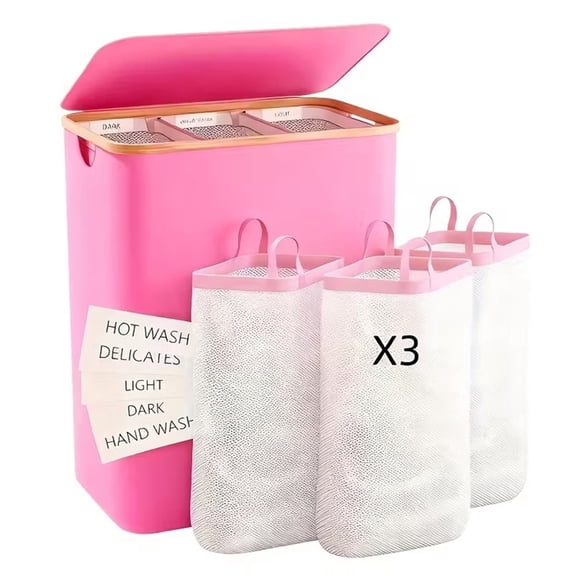 160L 3-Section Laundry Hamper Basket with Lid Extra Large Divided Clothes Organizer