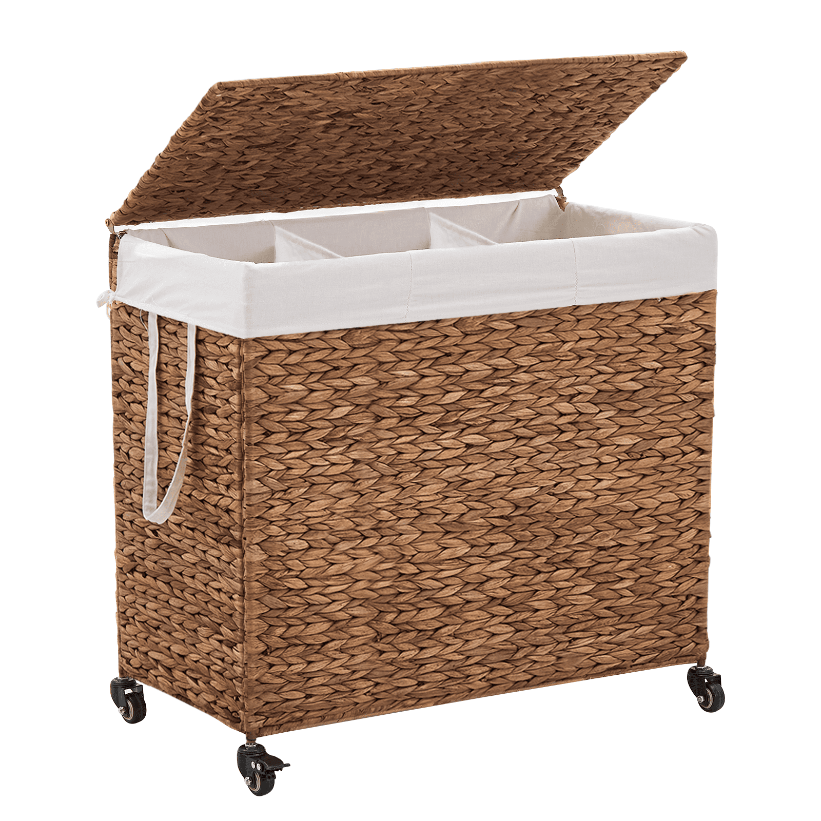160L 3-Section Laundry Hamper with Lid and Wheels, Woven Natural Water Hyacinth