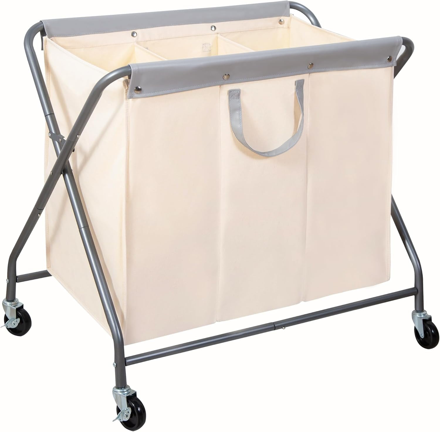 Beige Collapsible 3-Section Laundry Hamper with Wheels and Metal Frame