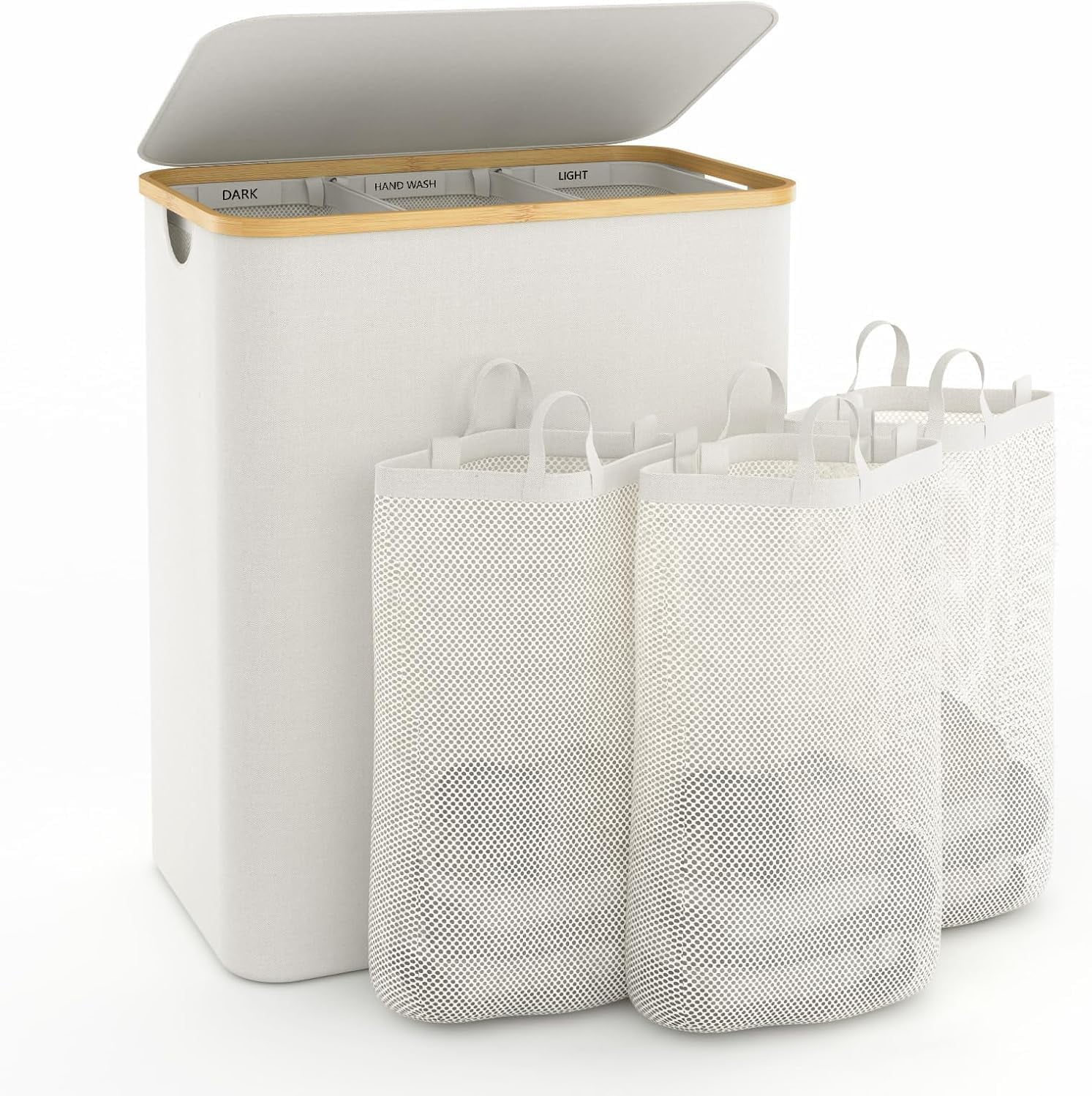 Beige Collapsible Upright Hamper with Lid and Dividers