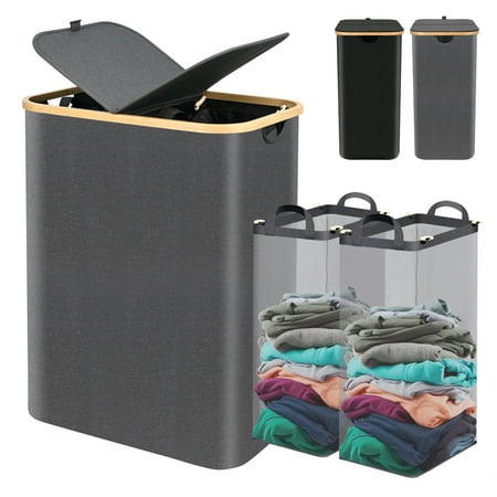 160L Large Capacity Laundry Hamper,Collapsible Laundry Basket with Lid, 2 Section Laundry Bin with Removable Bags for Bathroom,Bedroom,Laundry Room,Gray