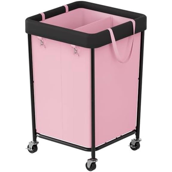 160L Laundry Hamper with Wheels, 2 Section Large Laundry Basket with Removable Bag, Steel Frame Dirty Clothes Hamper, Rolling Laundry Cart for Bedroom, Bathroom, Dorm, Hotel, Pink