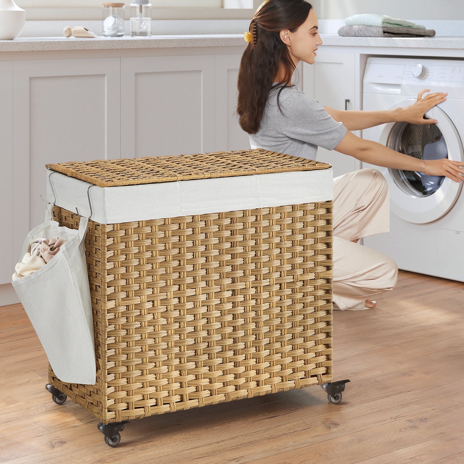 SONGMICS 160L Laundry Hamper with Lid Rolling Laundry Basket with Wheels 3-Section Synthetic Rattan Laundry Hamper Removable Liner for Bedroom Natural