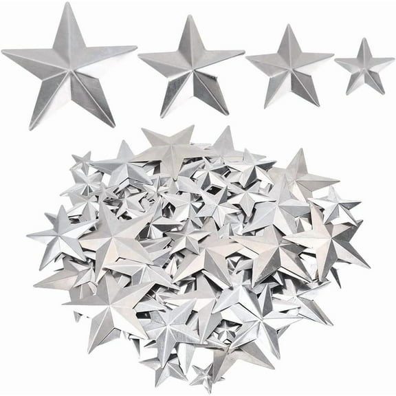 160PCS 1/1.6/1.9/2 Inch Silver Metal Star Galvanized Metal Stars Vintage Rustic Primitive Stars Three Dimensional Christmas Tree Patriotic Ornament for Crafts Hanging Wall DIY