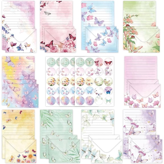 160PCS Butterfly Stationery Set, Cute Letter Writing Kit with 50 Papers, 50 Envelopes & 60 Sealing Stickers, Decorative Writing Paper for Invitations & Greeting Cards