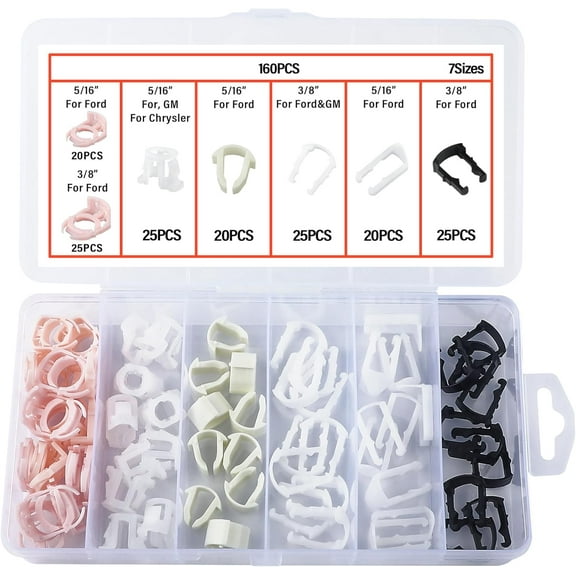 160PCS Car Fuel Line Clips,7 Size Nylon Fuel Line Repair Kit Replacement 3/8" & 5/16" FFuel Line Clamp,Durable Fuel Hose Retainer Clips Compatible with Ford GM Chrysler